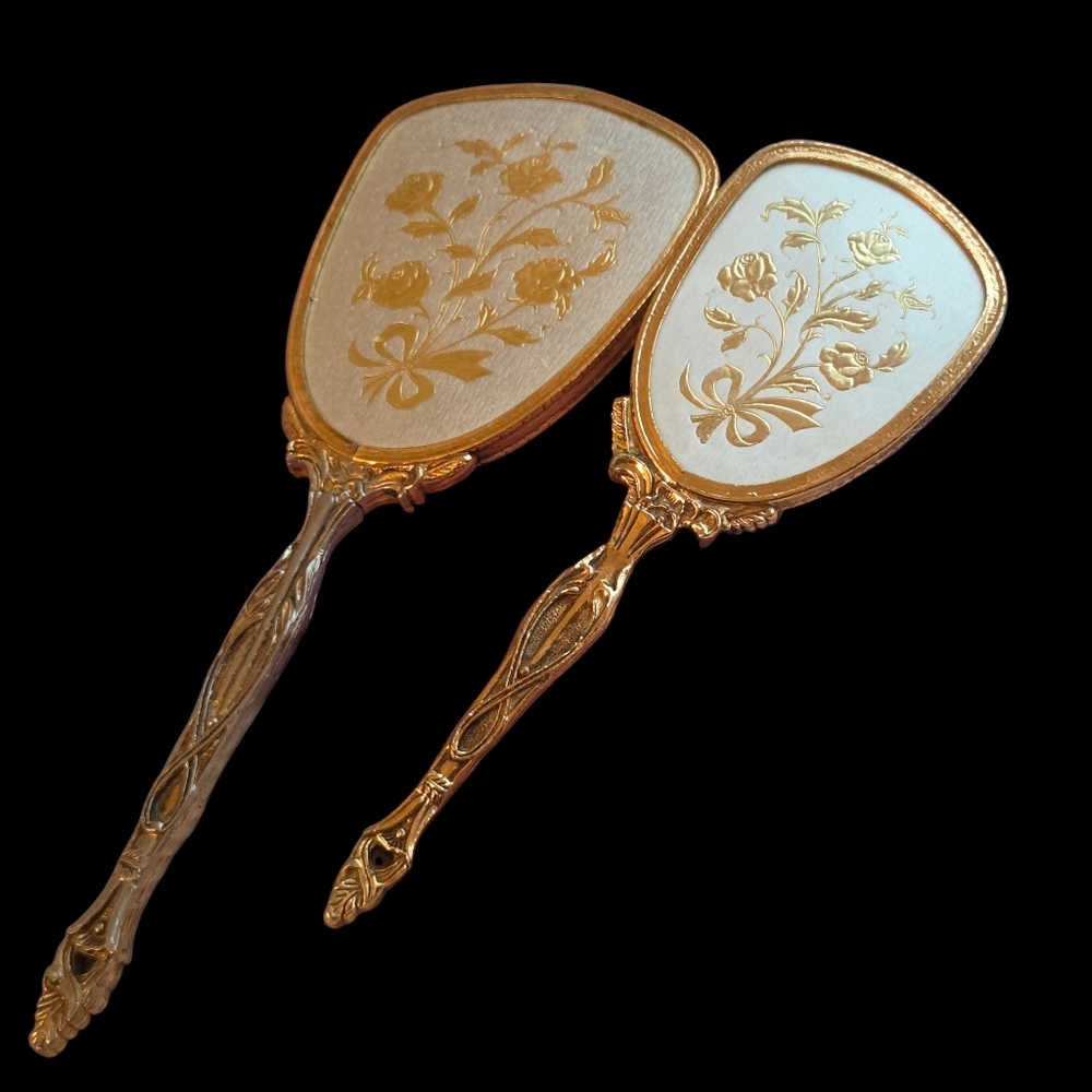 Vintage Stylebuilt Gold Plate Vanity Set Hollywood Regency Mirror & Hairbrush